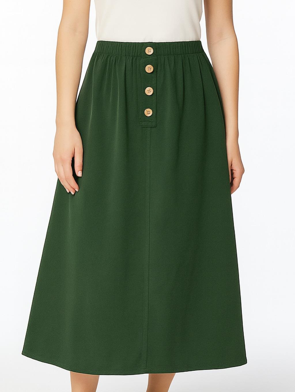 İtalyan Kadife Düğme Detaylı Etek - YEŞİL