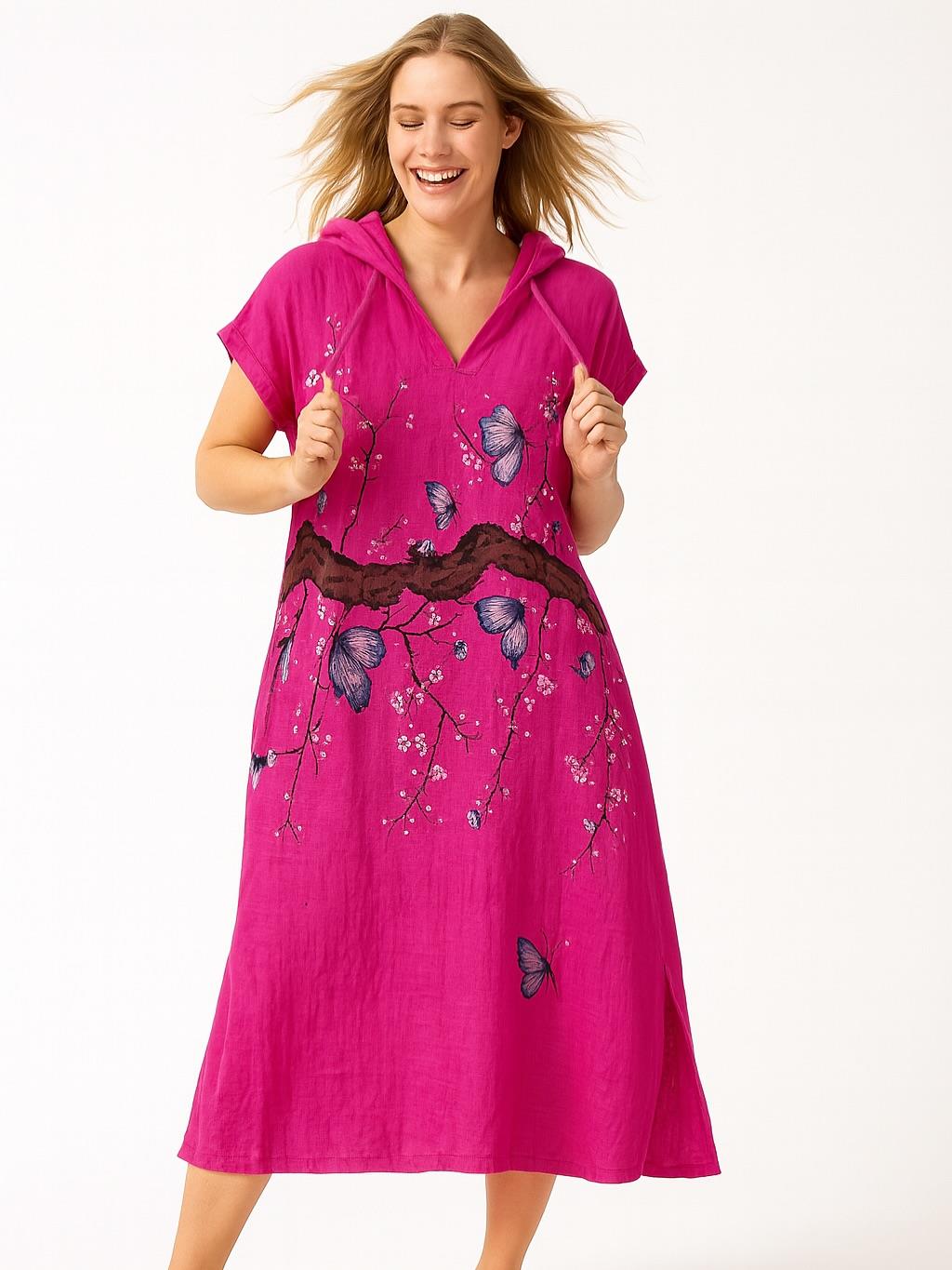 İtalyan Keten Kapüşon Detaylı Elbise - FUŞYA