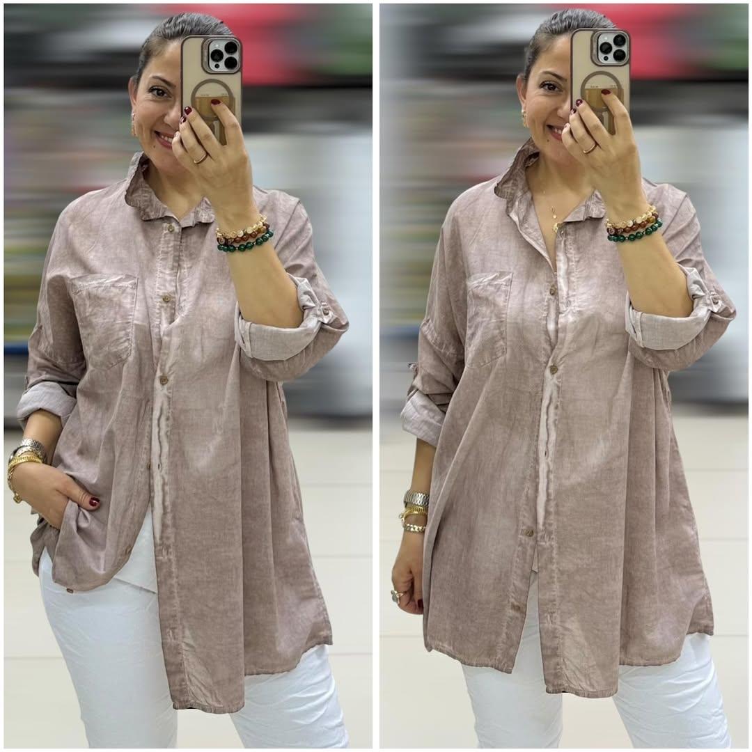 İtalyan Taşlanmış Pamuklu Coton Gömlek - VİZON