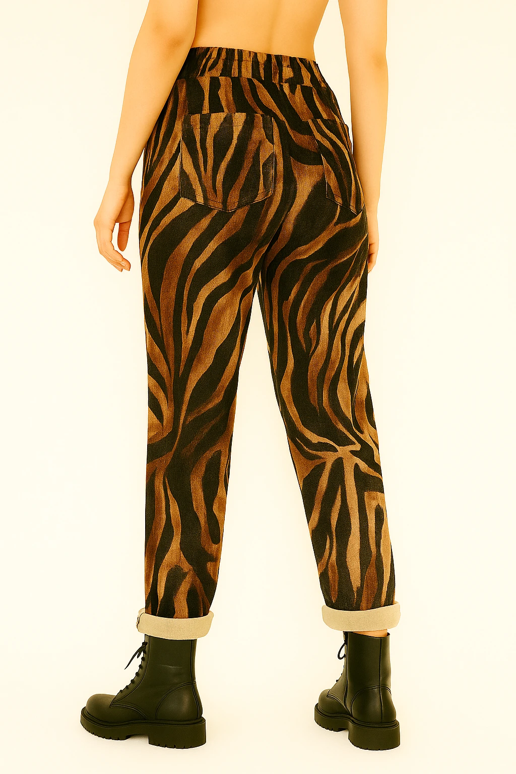 İtalyan Zebra Desen Kadife Pantolon - KAHVE