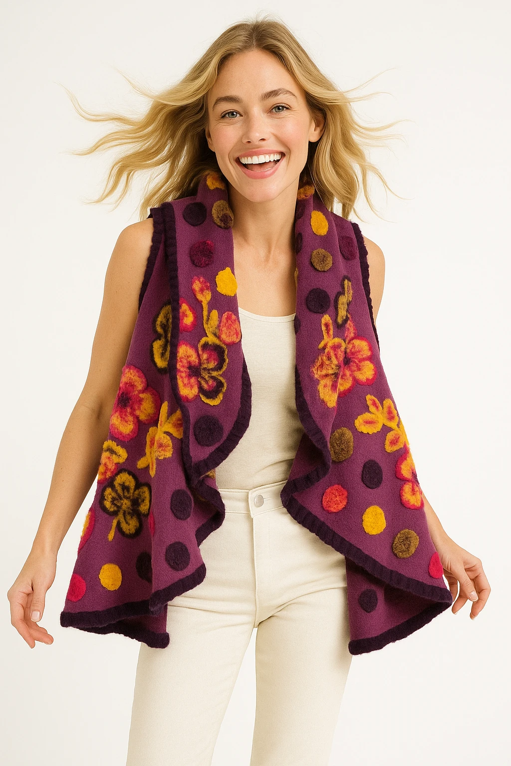 İtalyan Çiçek Kabartmalı Keçe Yelek - MOR