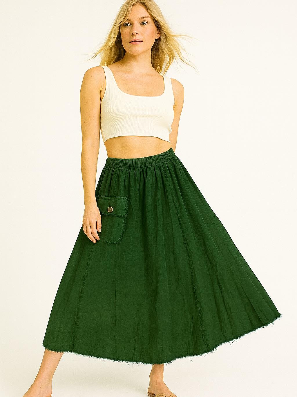 İtalyan Kadife Cepli Etek - YEŞİL
