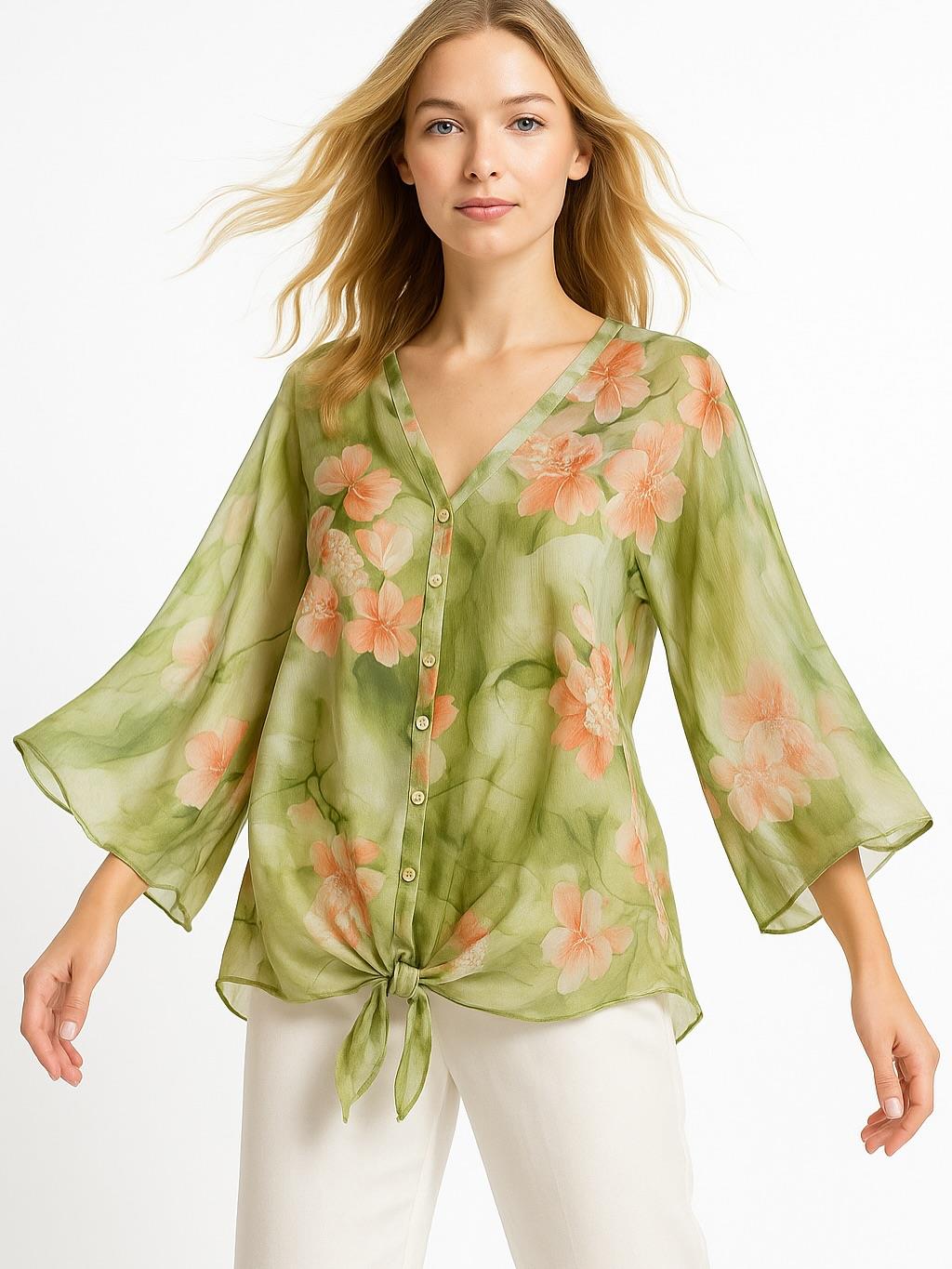 İtalyan Çiçek Desen İpek Bluz - YEŞİL
