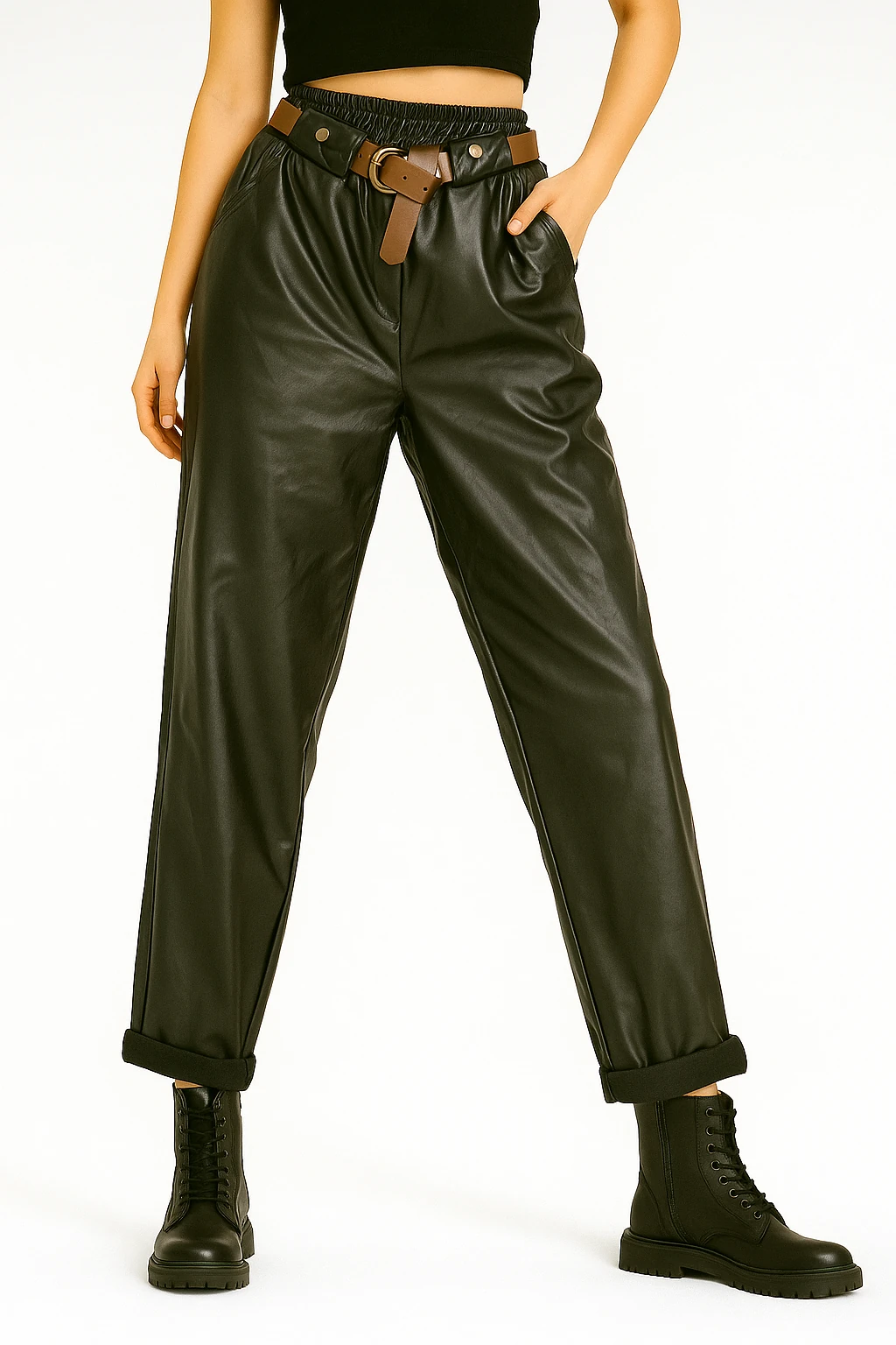 İtalyan Kemerli Deri Pantolon - SİYAH