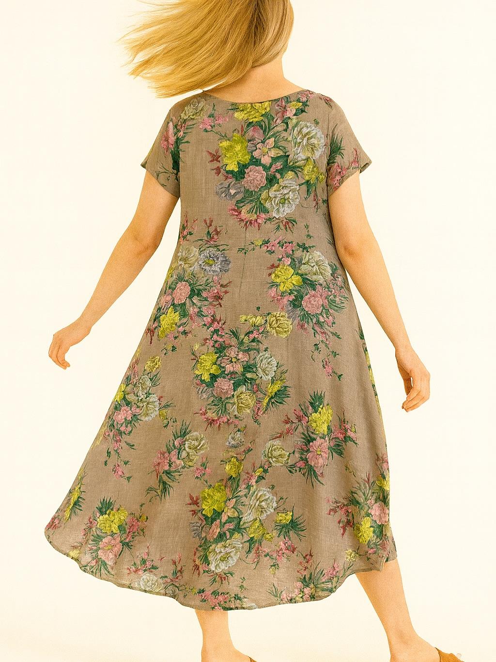 İtalyan Keten Çiçek Desen Elbise - VİZON