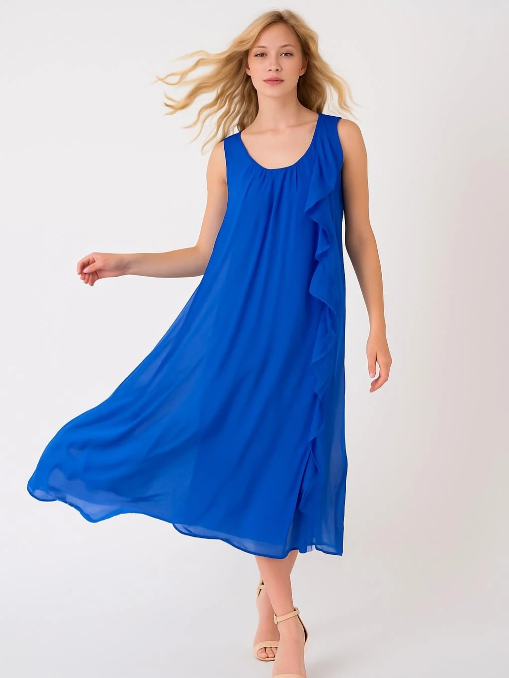 İtalyan İpek Elbise - SAKS MAVİ