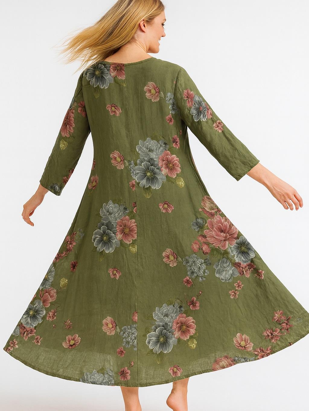 İtalyan Keten Çiçek Desenli Elbise - HAKİ