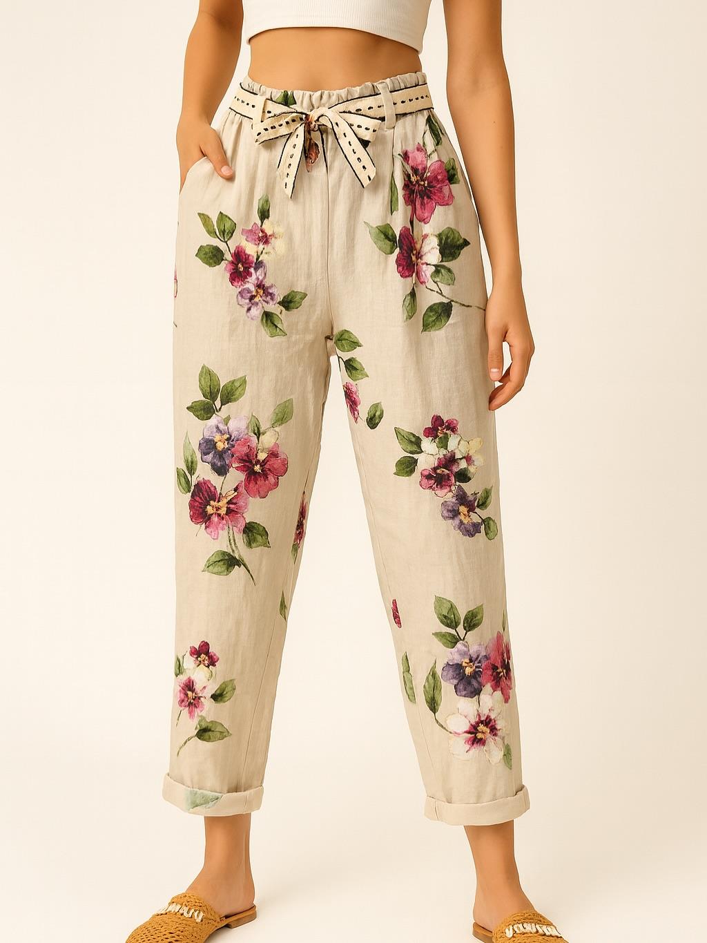 İtalyan Çiçek Desenli Havuç Keten Pantolon - BEJ