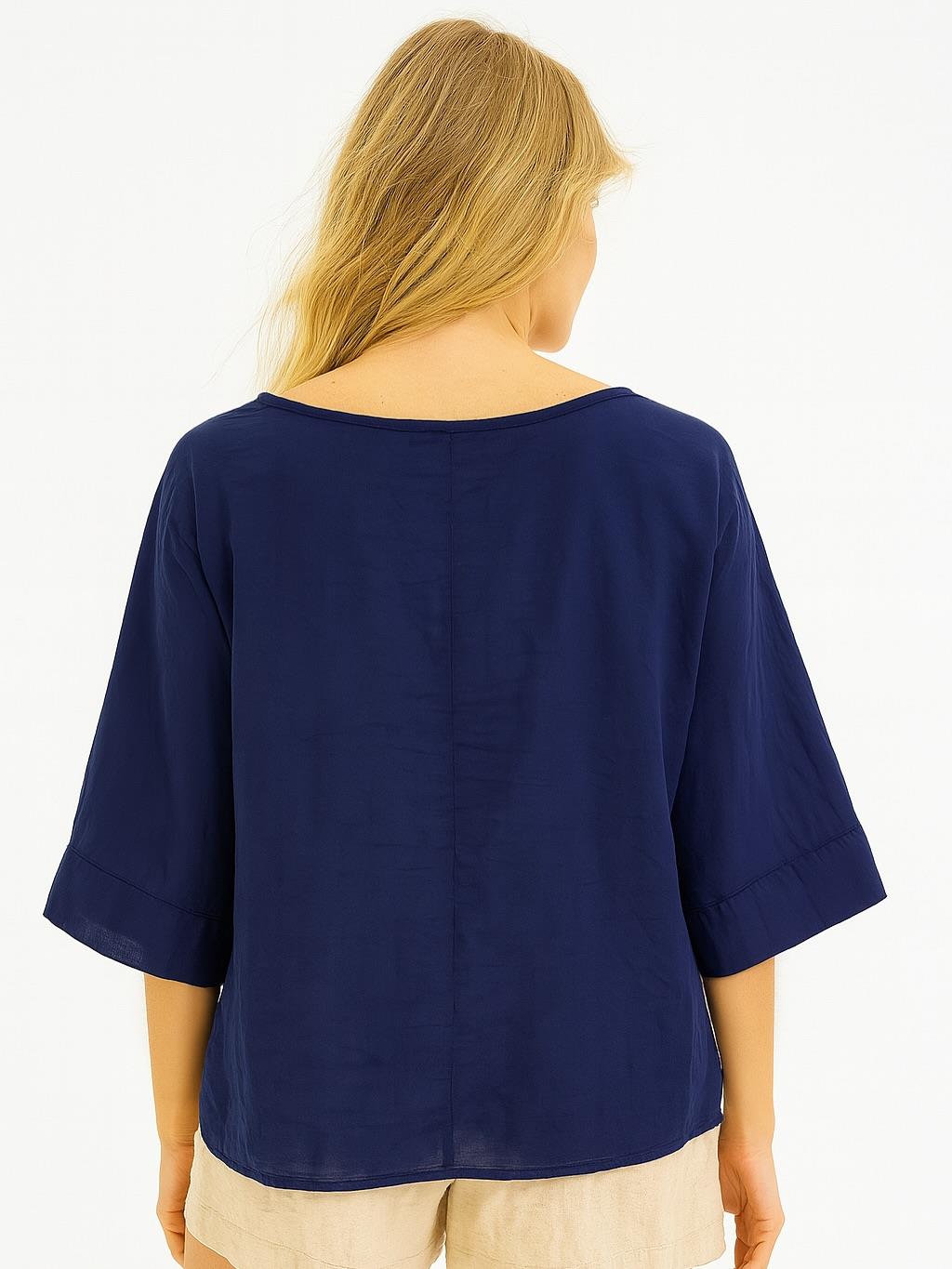 İtalyan Vual Pamuklu Kumaş Önden Bağlamalı Bluz - LACİVERT