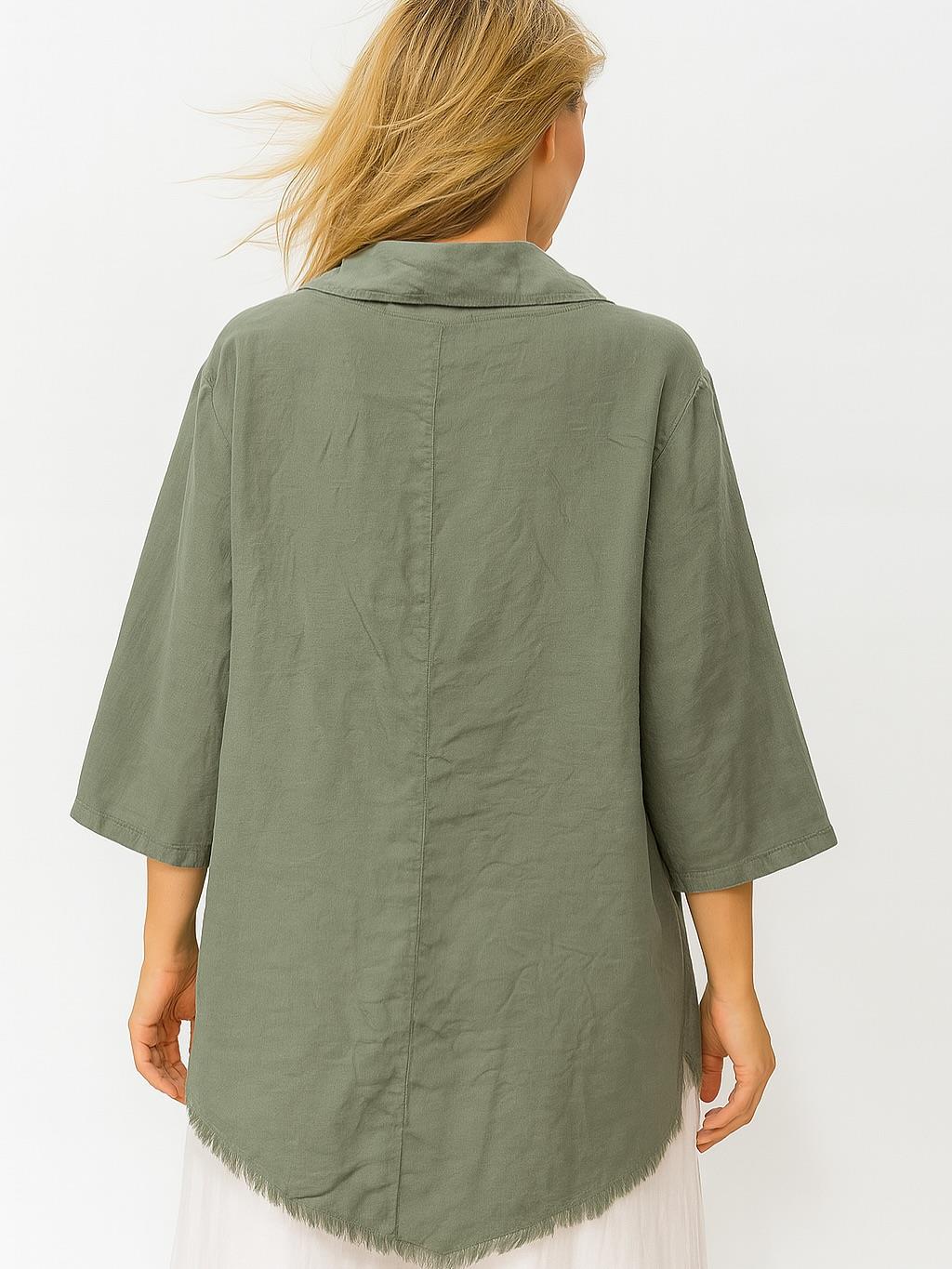 İtalyan Keten Tasarım Gömlek - HAKİ