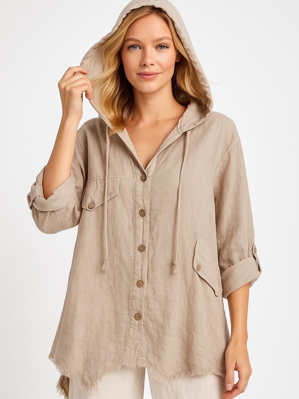İtalyan Keten Kapüşonlu Ceket - BEJ
