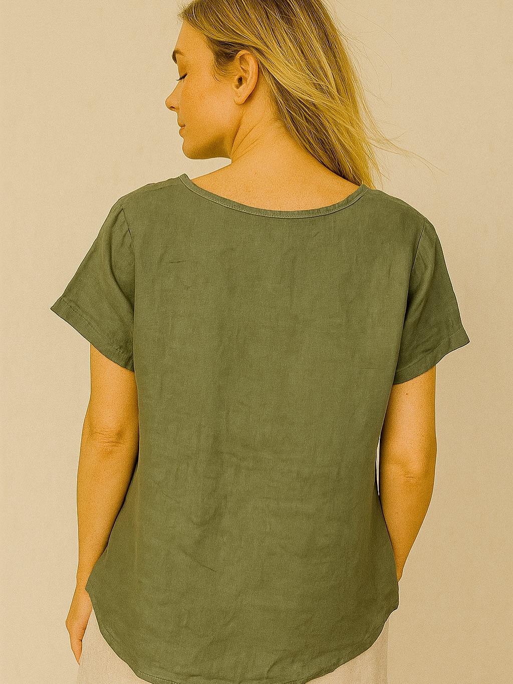 İtalyan Nakış Detaylı Keten Bluz - HAKİ