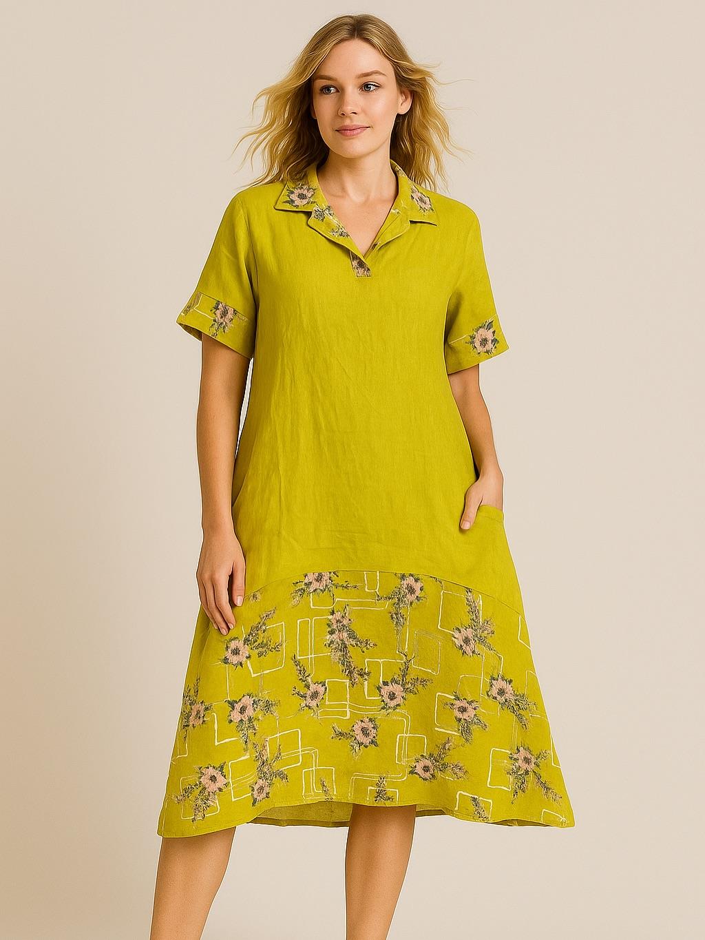 İtalyan Çiçek Desenli Keten Elbise - SARI
