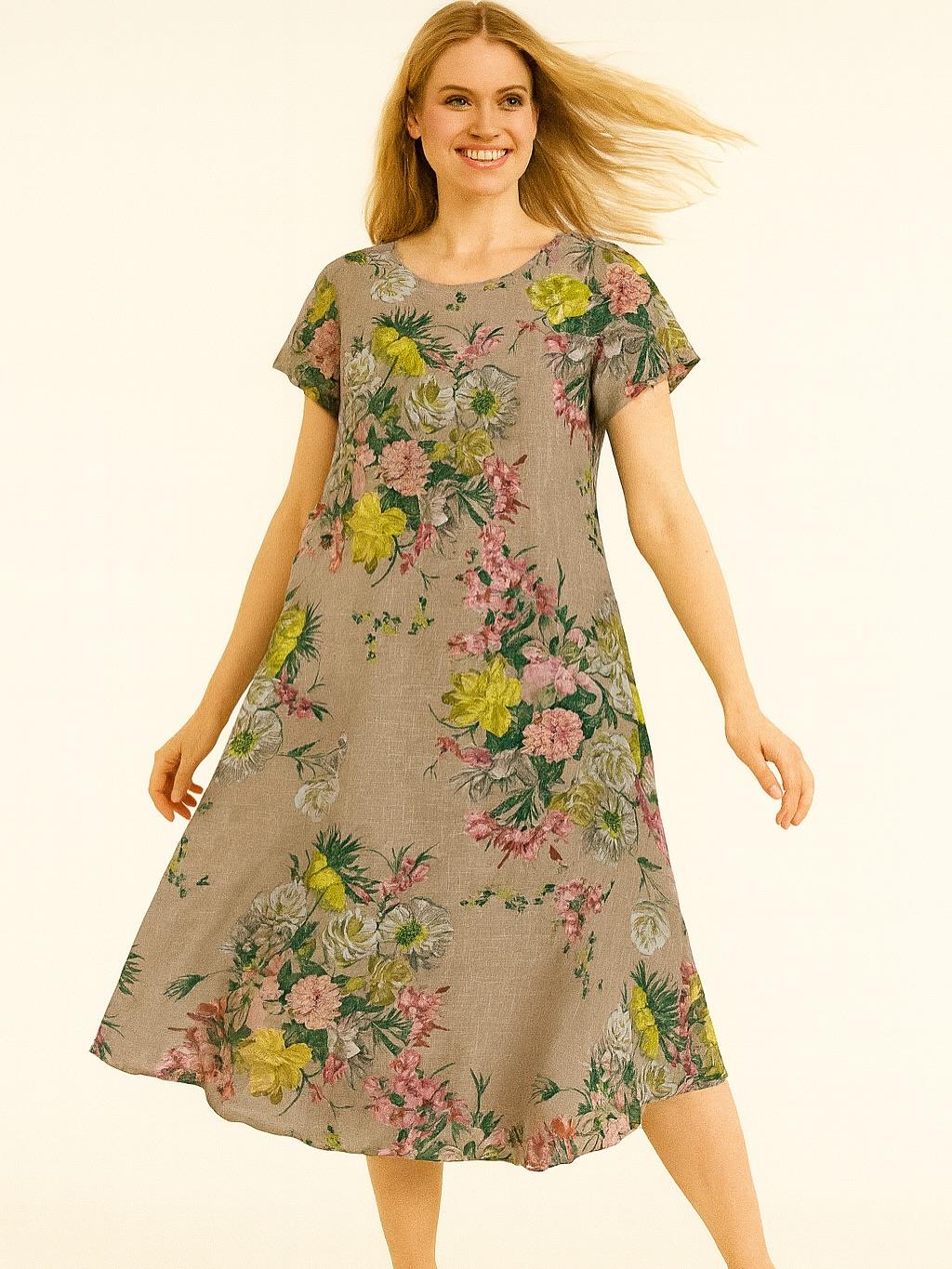 İtalyan Keten Çiçek Desen Elbise - VİZON
