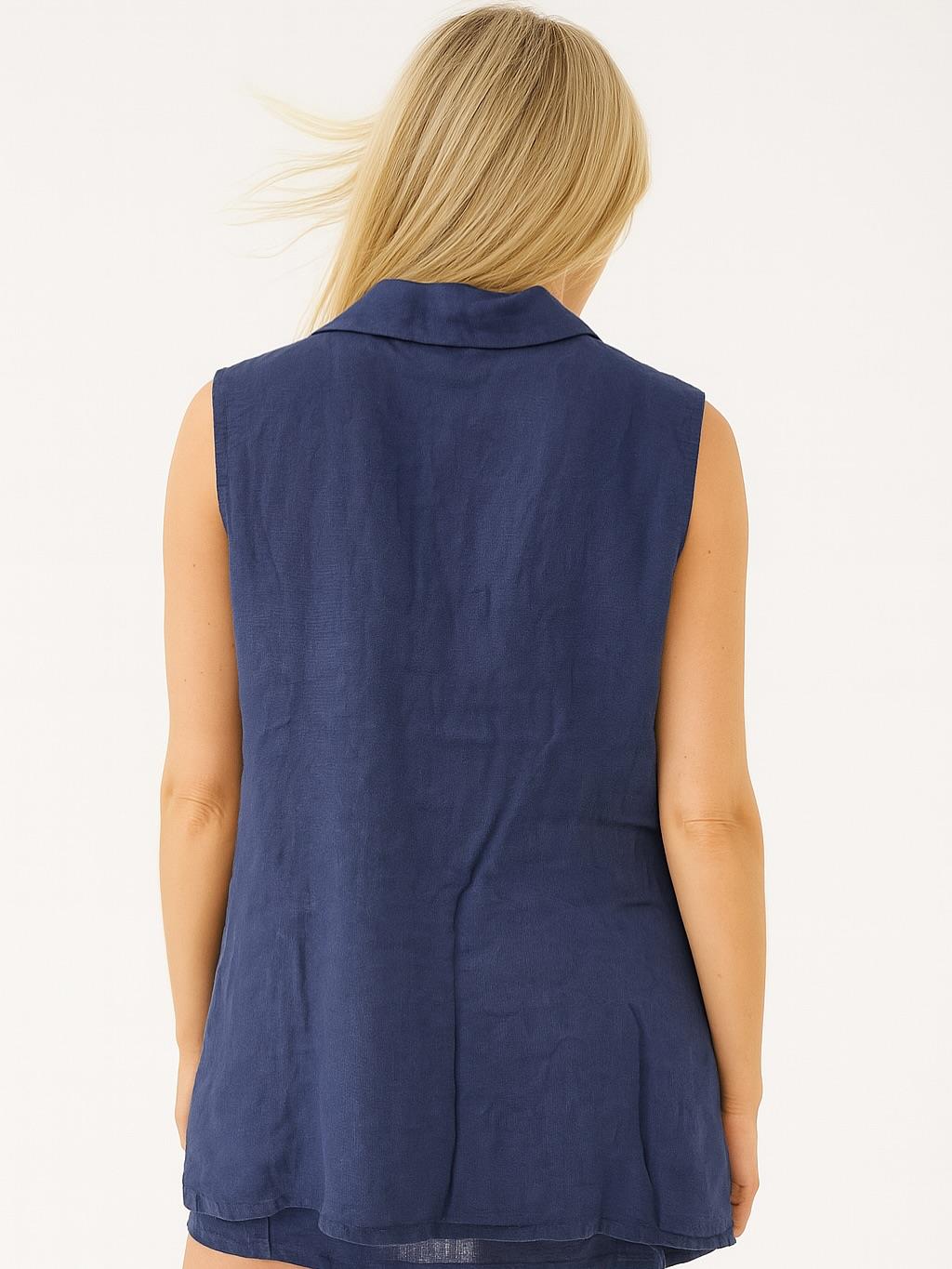 İtalyan Kravuze Keten Yelek - LACİVERT