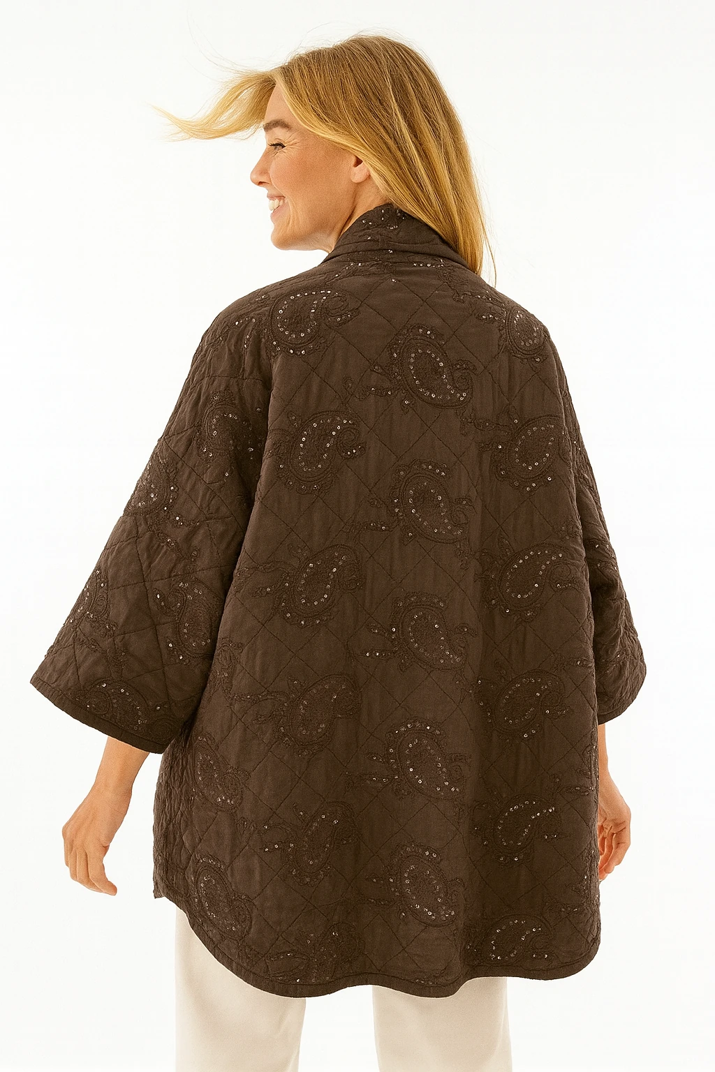 İtalyan Nakışlı Pul Payetli Kapitone Ceket - KAHVERENGİ