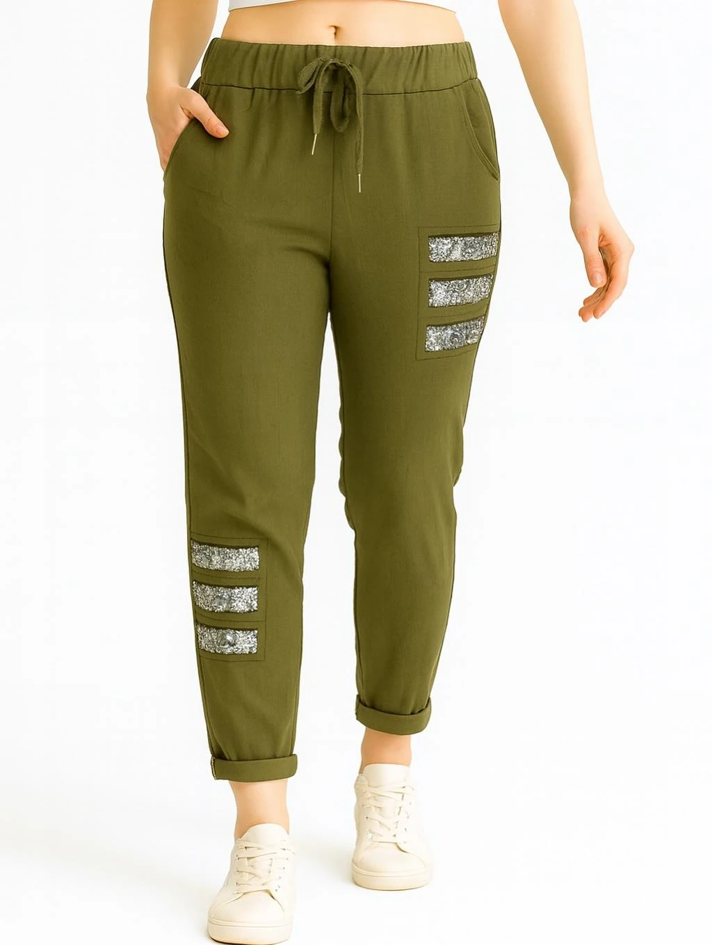 İtalyan Pul Payet Detaylı Likralı Pantolon - YEŞİL