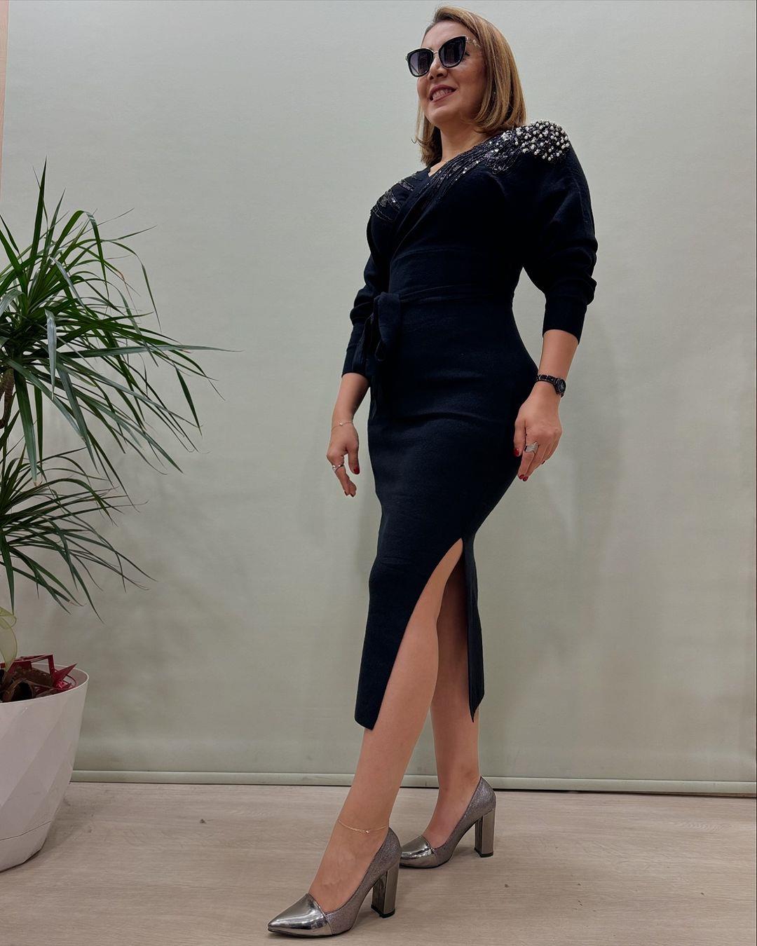 İtalyan Angora Özel Tasarım Elbise - SİYAH