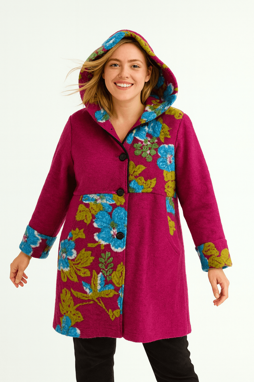 İtalyan Keçe Kapüşonlu Kaban - FUŞYA