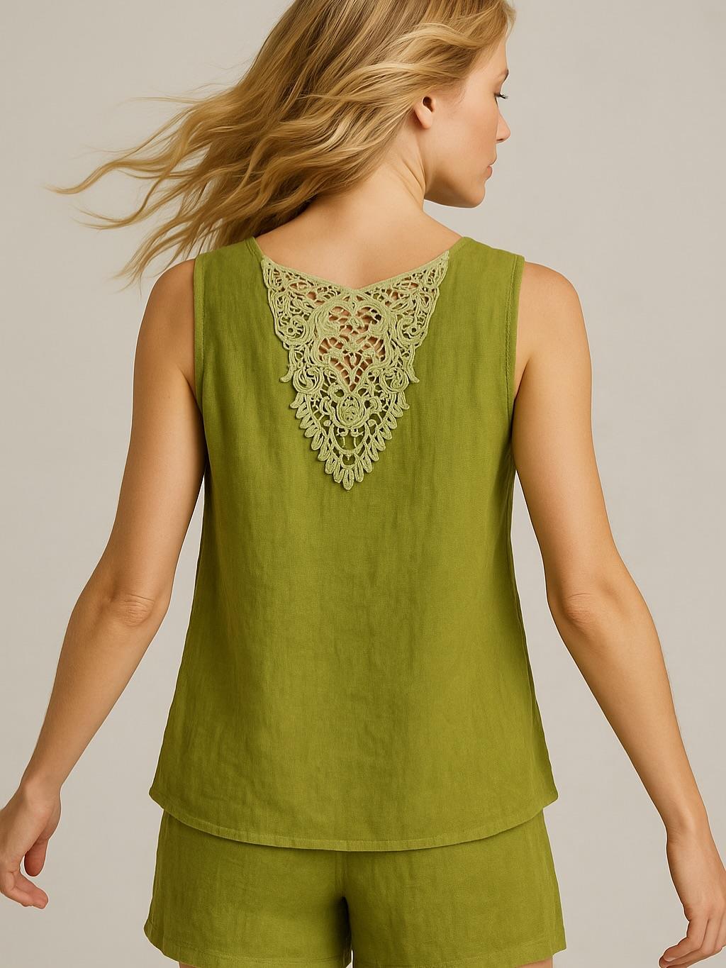 İtalyan Sırt Dantel Detaylı Keten Bluz - YAĞ YEŞİLİ