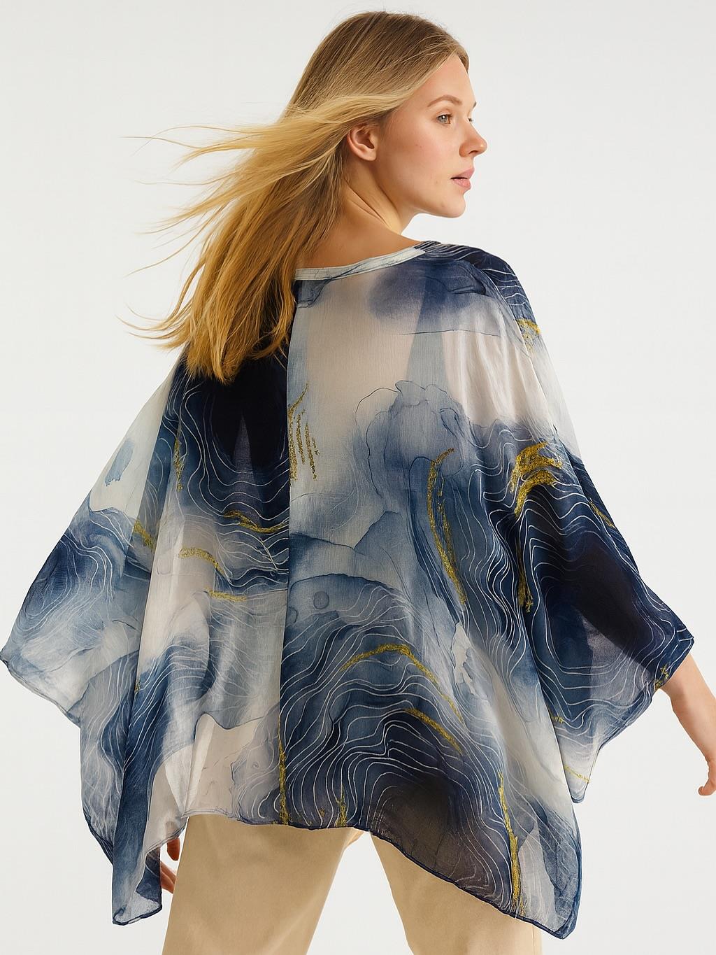 İtalyan Dalga Desen İpek Bluz - LACİVERT