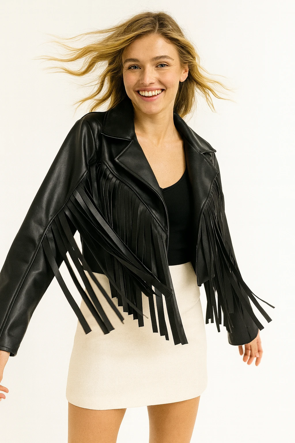 İtalyan Saçaklı Deri Ceket - SİYAH