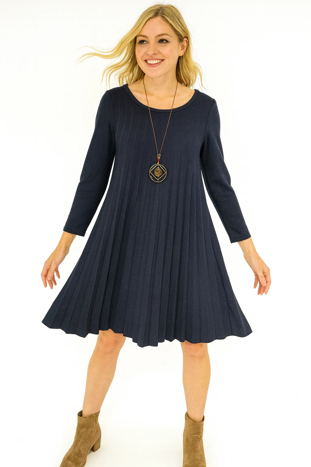 İtalyan Pileli Triko Elbise - LACİVERT