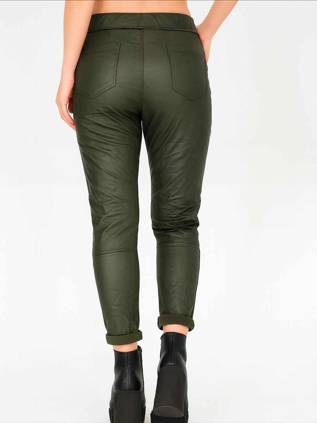 İtalyan Likralı Deri Pantolon - HAKİ