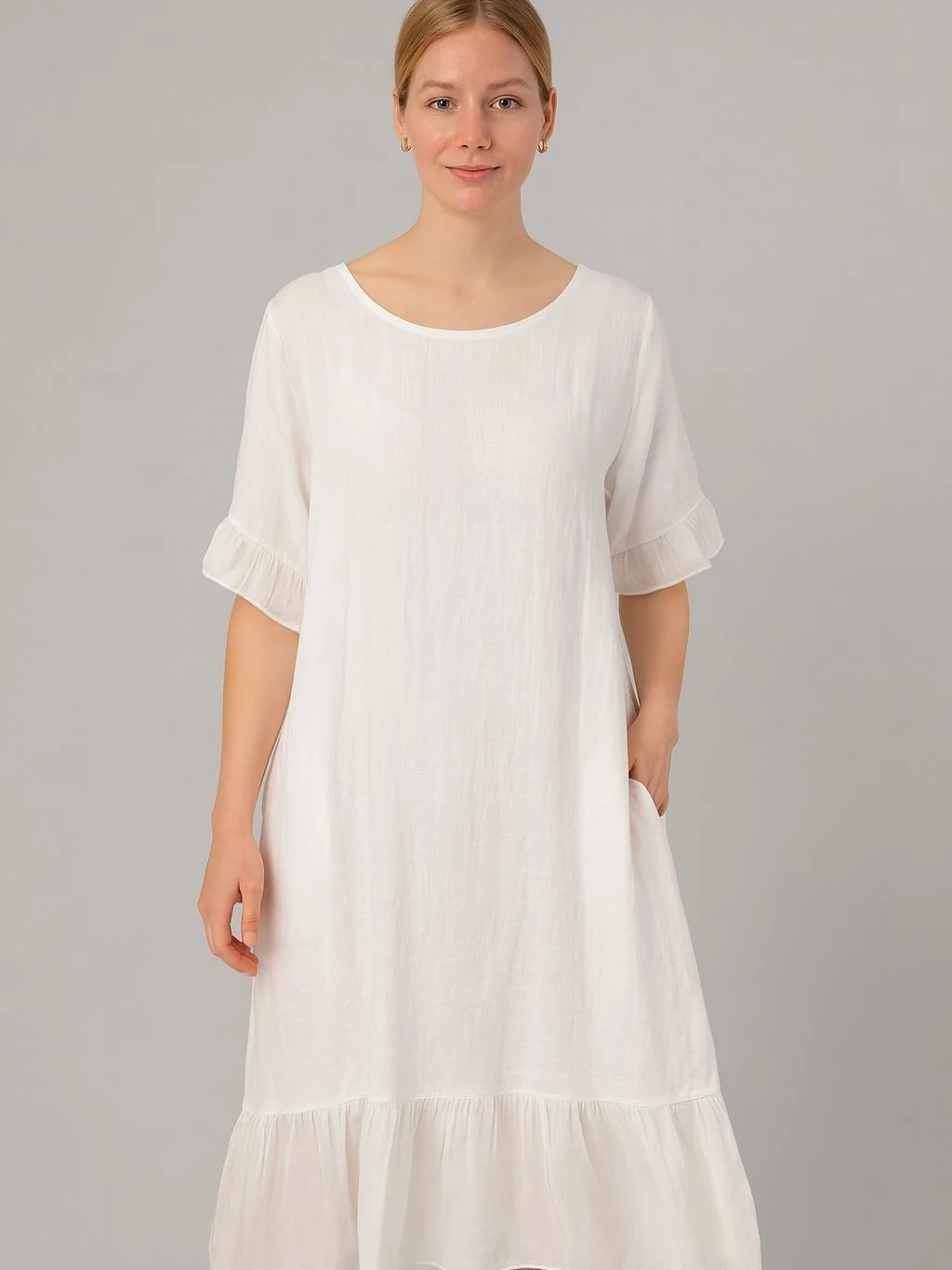 İtalyan Keten İpek Detaylı Elbise - BEYAZ