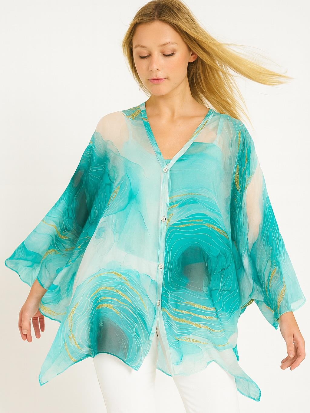İtalyan Dalga Desen İpek Bluz - SU YEŞİLİ