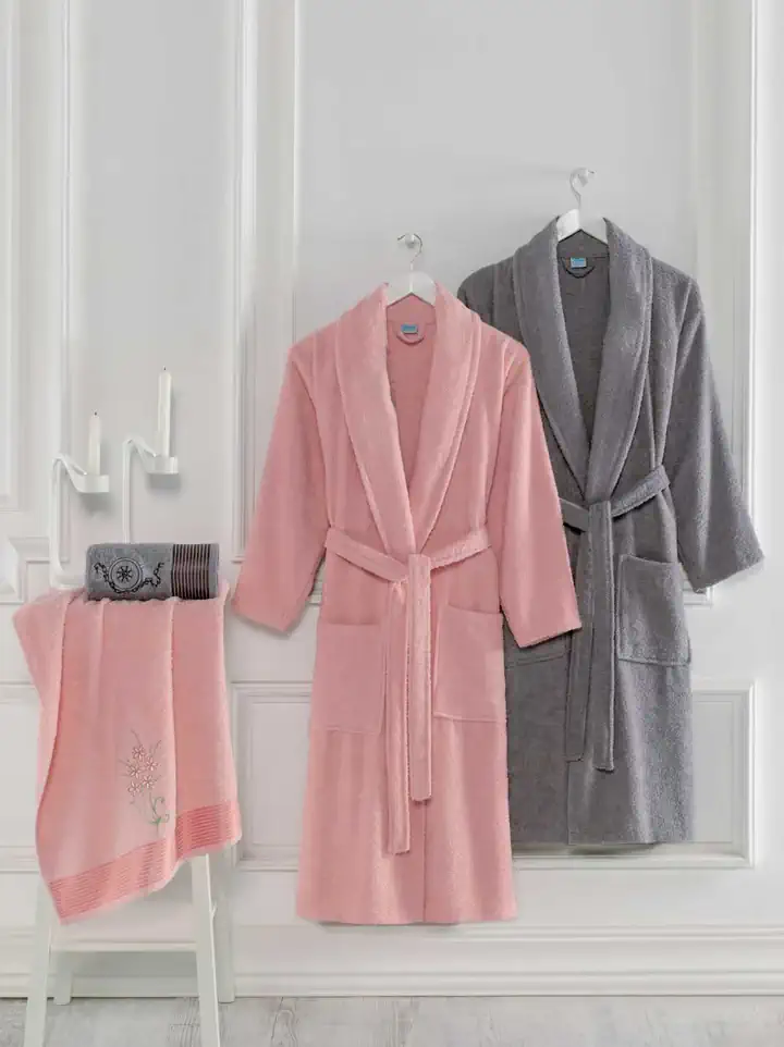 Dolce Serenità Havlulu Bornoz 4'Lü Set - Rosa Cipria & Grigio Antracite