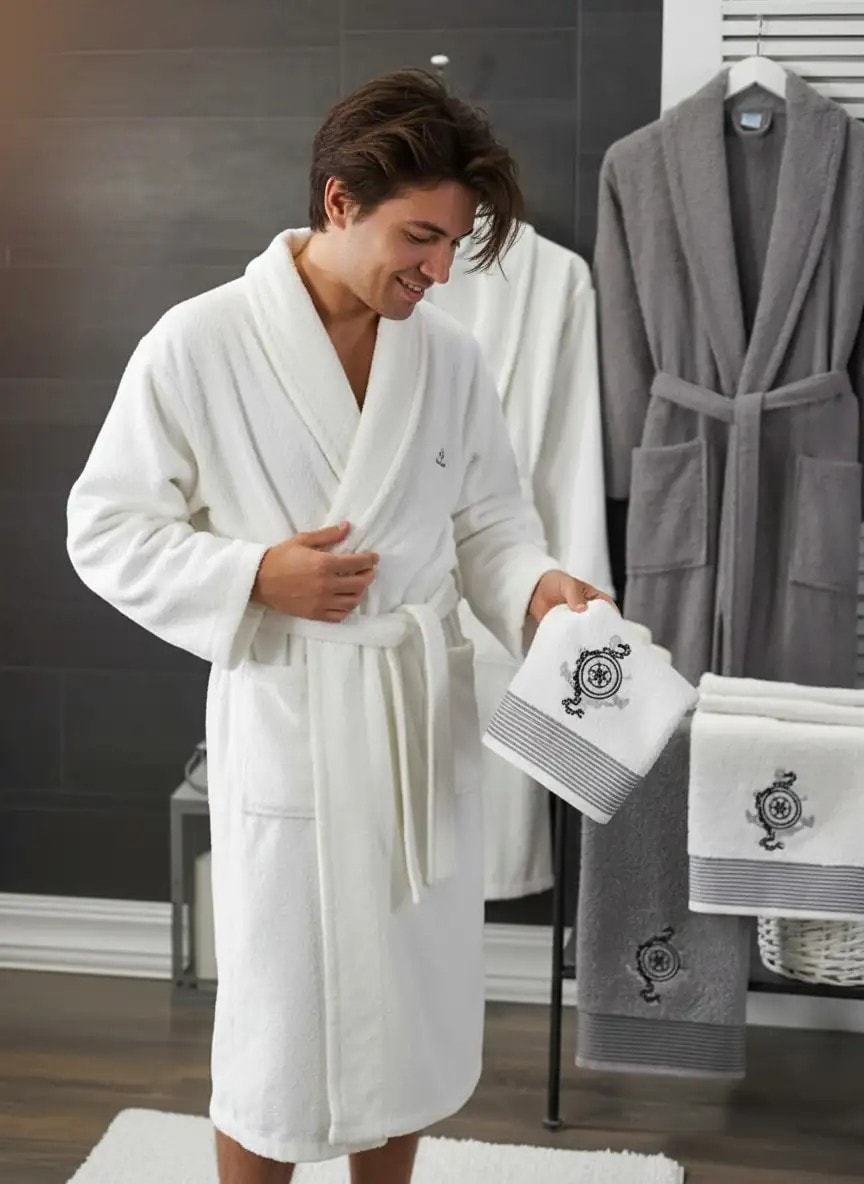 Dolce Serenità Havlulu Bornoz 4’lü Set – Perla & Grigio Antracite