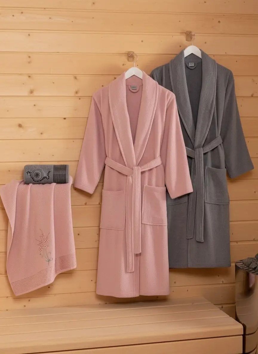 Dolce Serenità Havlulu Bornoz 4'Lü Set - Rosa Cipria & Grigio Antracite