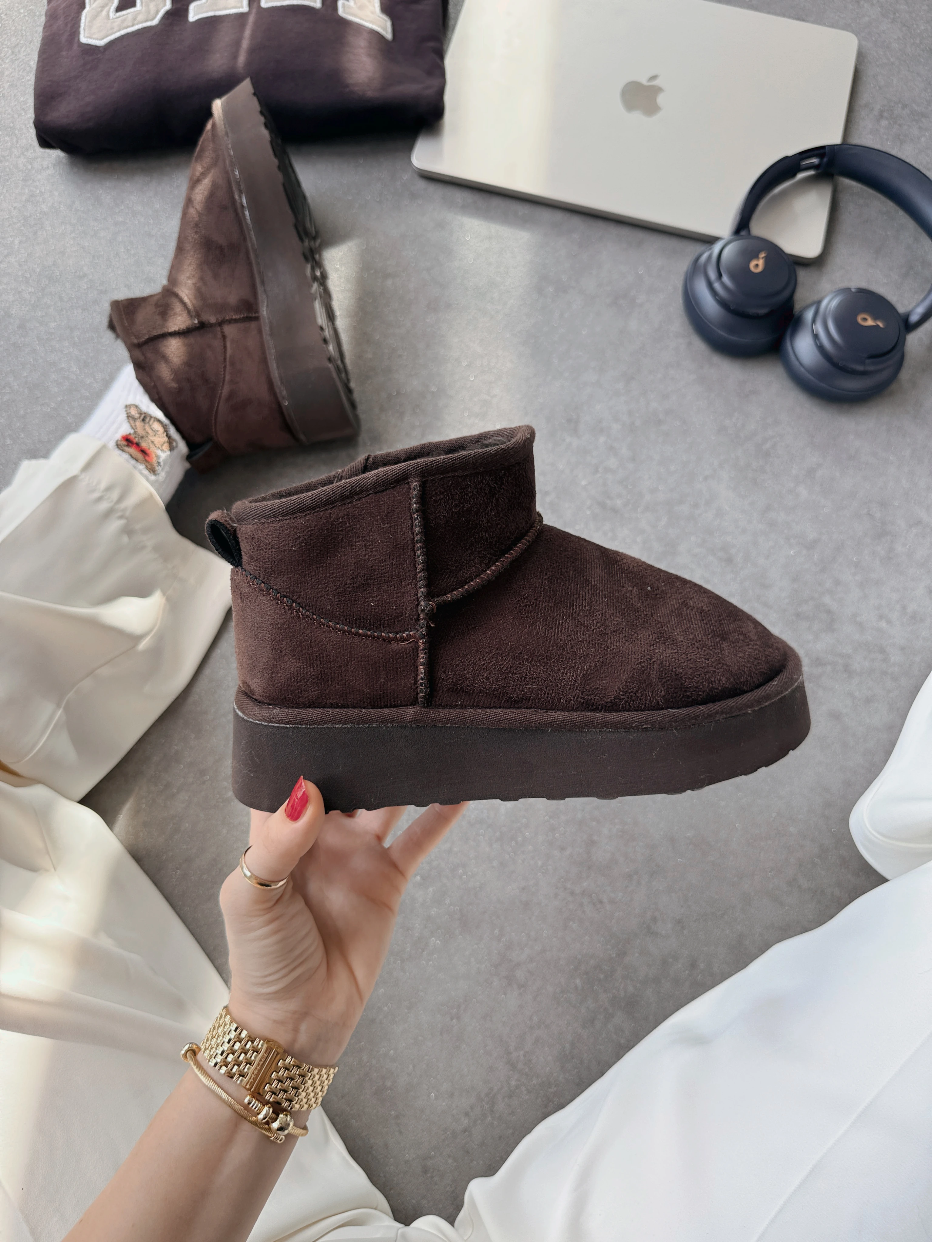 Mini İçi Tüylü Kalın Taban - Kahve