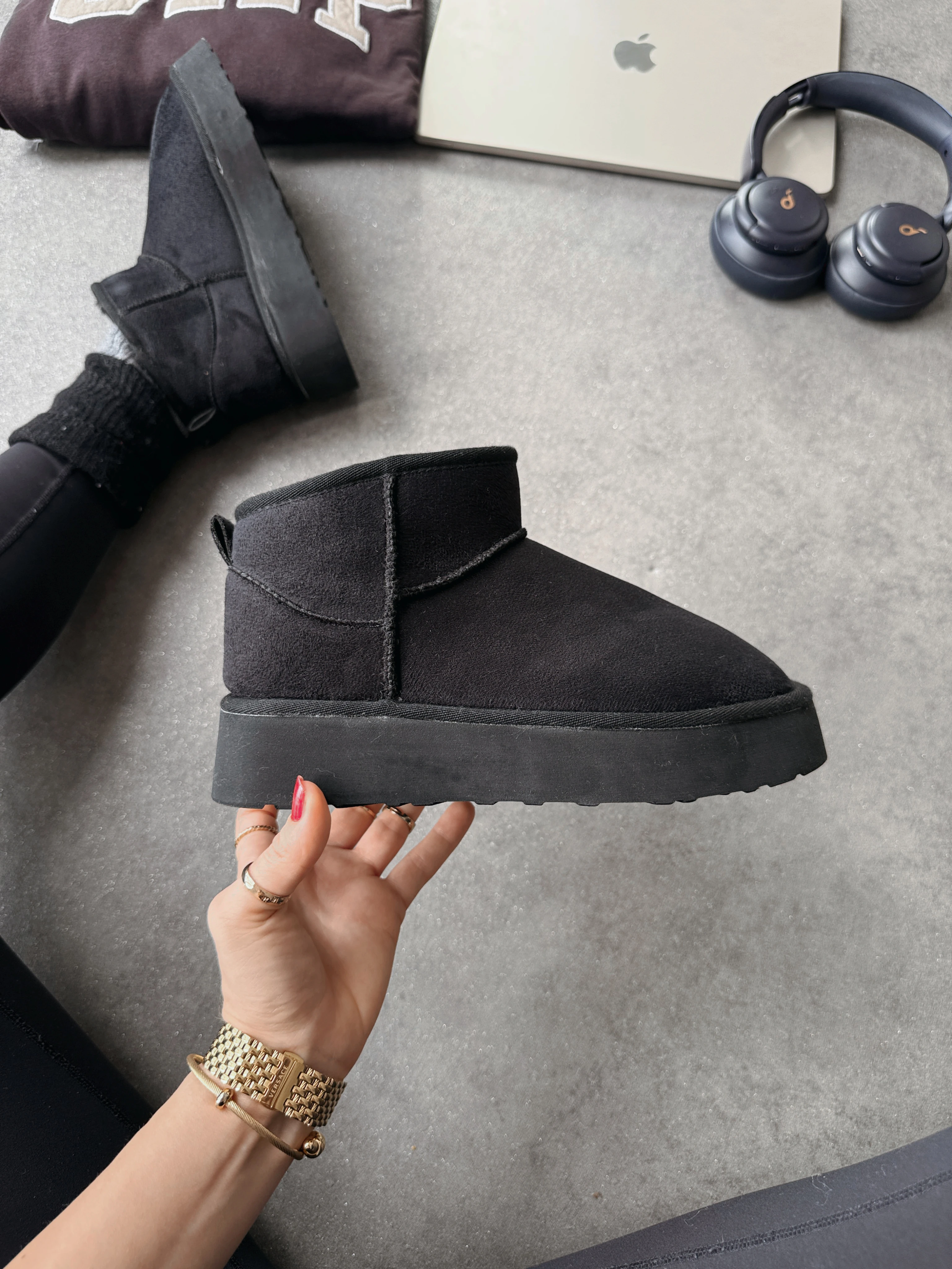 Mini İçi Tüylü Kalın Taban - Siyah