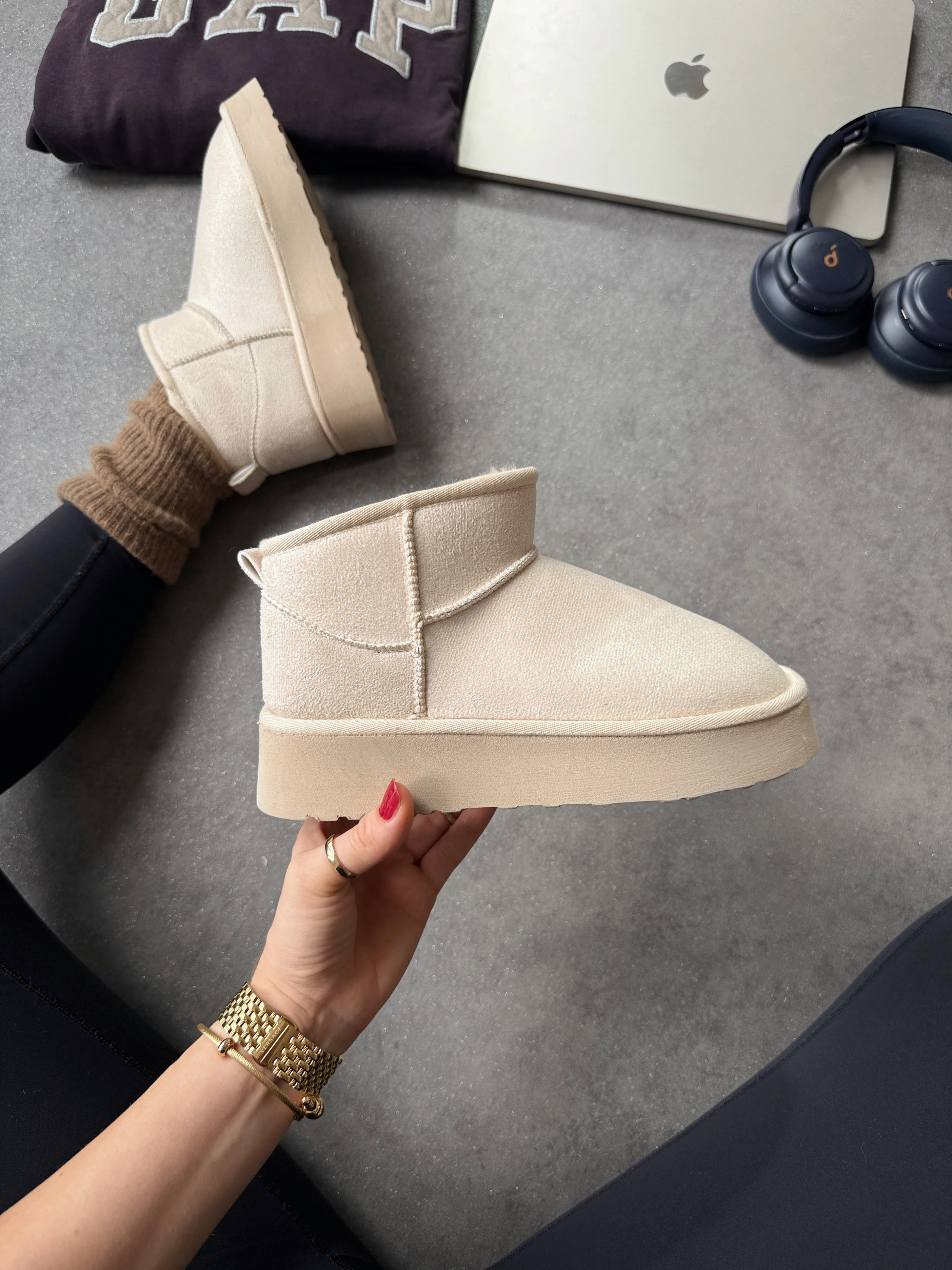 Mini İçi Tüylü Kalın Taban - Bej