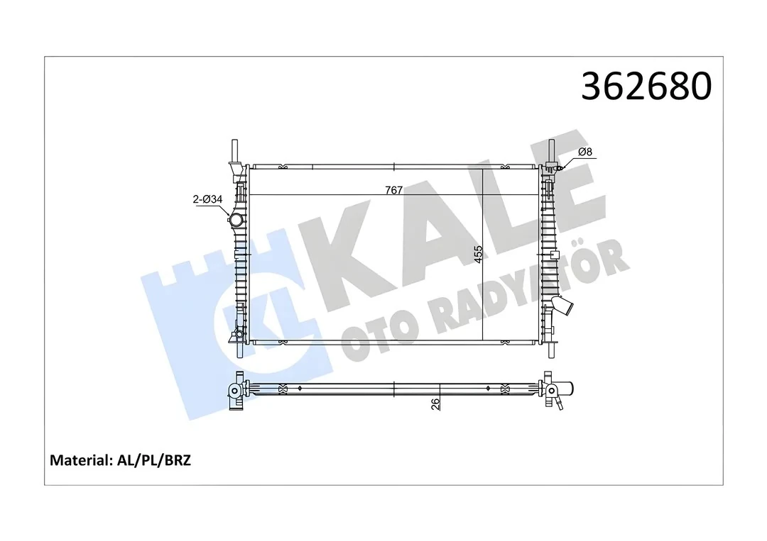Ford Transit Custom 2.0TDCI Ecoblue 2015> Su Radyatörü [BRAZING] [767X455X26] | KAL 362680 - GK21 8005 BC