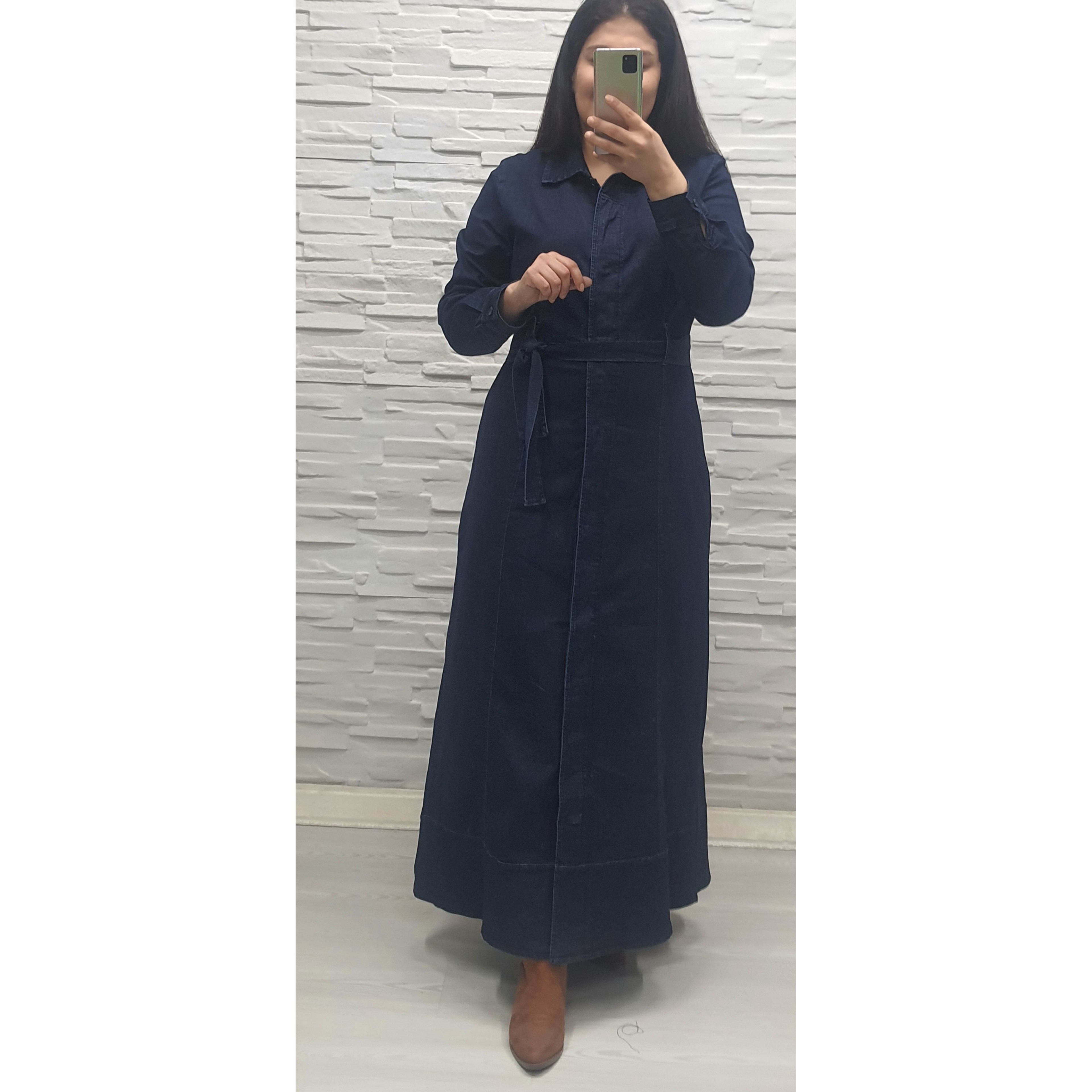 Boydan Gizli Düğmeli Kot Elbise Lacivert 