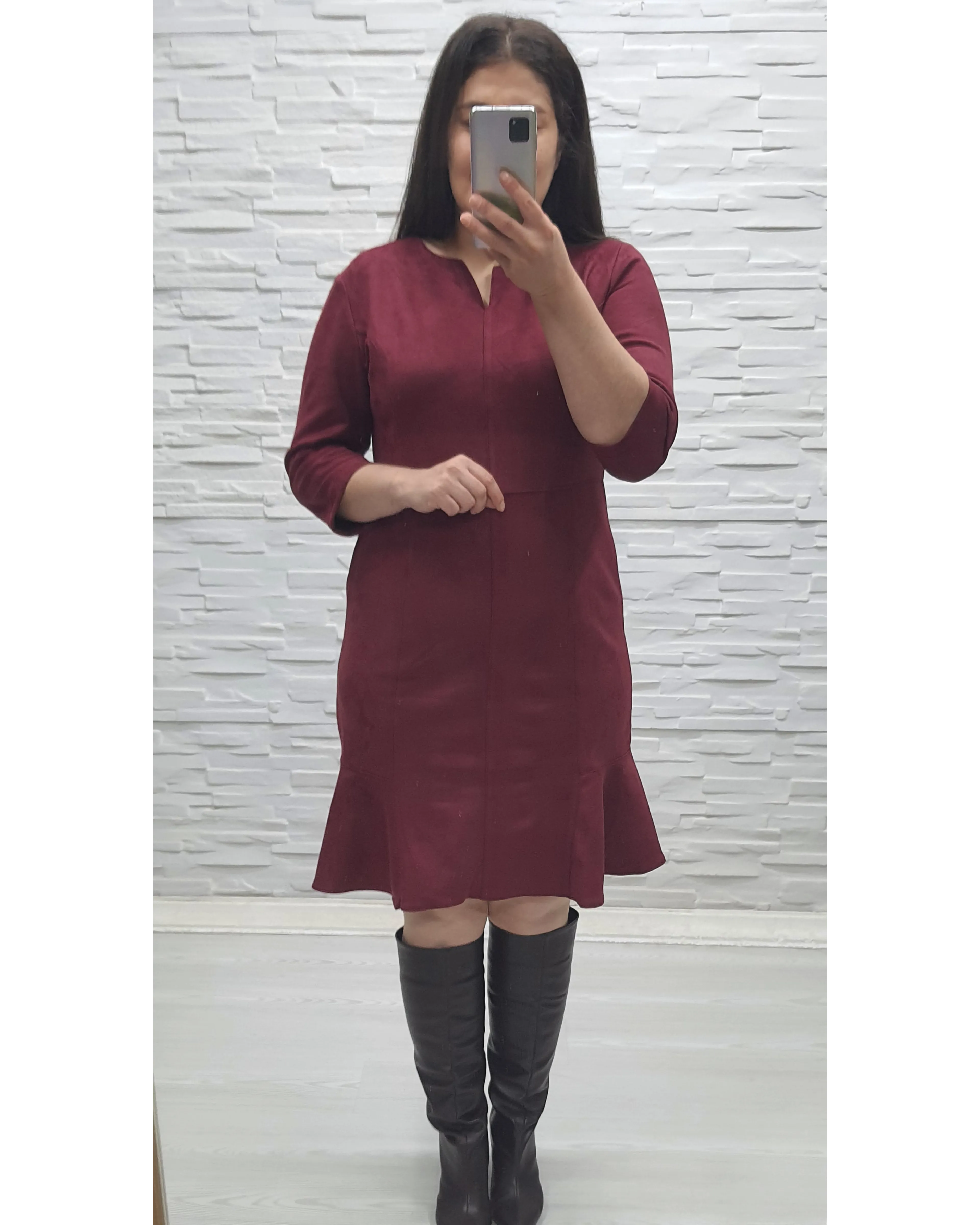 Süet Elbise -Bordo