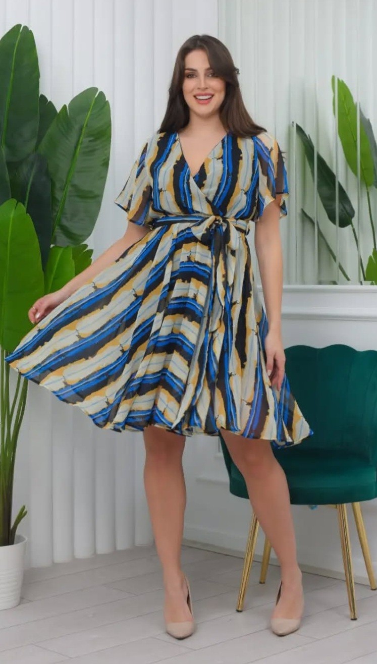 Sifon Elbise Mavi Geçişli 