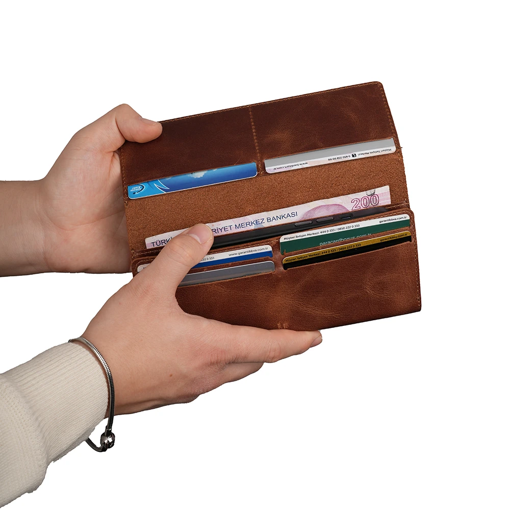 Ecruz Hakiki Deri Universal 10 Kart Hazneli Mıknatıslı Telefon Bölmeli Cüzdan