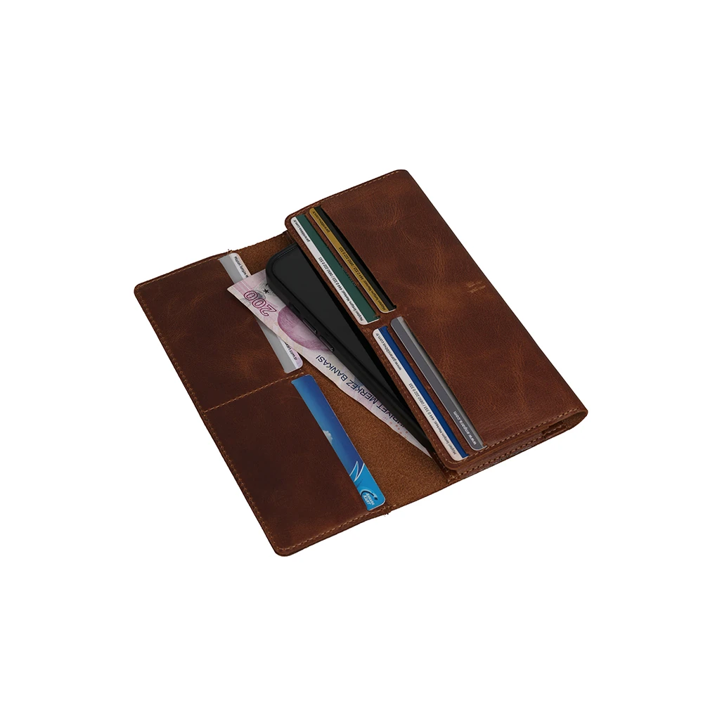 Ecruz Hakiki Deri Universal 10 Kart Hazneli Mıknatıslı Telefon Bölmeli Cüzdan