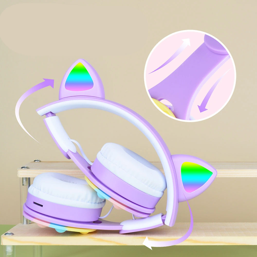 Ecruz B30 RGB Led Işıklı Kedi Kulağı Band Tasarımı Ayarlanabilir Katlanabilir Kulak Üstü Bluetooth Kulaklık