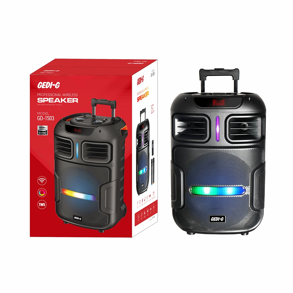 Ecruz GD-1503 Dijital LED Göstergeli FM Radyolu Mikrofonlu RGB TWS 15 inç Stereo Bass Kablosuz Karaoke Hoparlör
