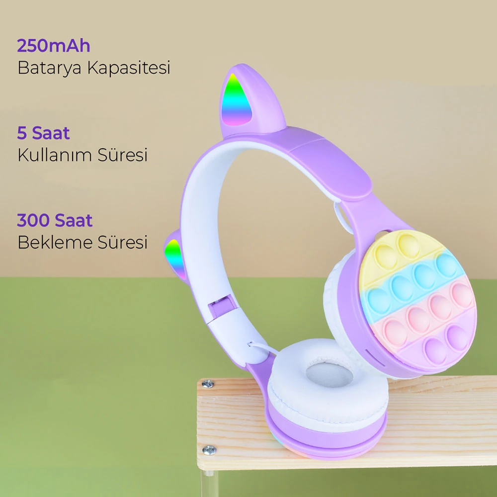 Ecruz B30 RGB Led Işıklı Kedi Kulağı Band Tasarımı Ayarlanabilir Katlanabilir Kulak Üstü Bluetooth Kulaklık