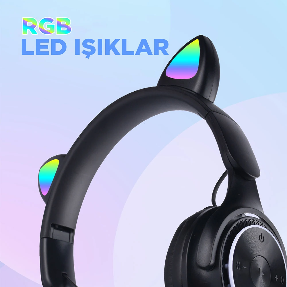 Ecruz M6 Pro Cat RGB Led Işıklı Kedi Kulağı Band Tasarımlı Ayarlanabilir ve Katlanabilir Kulak Üstü Bluetooth Kulaklık