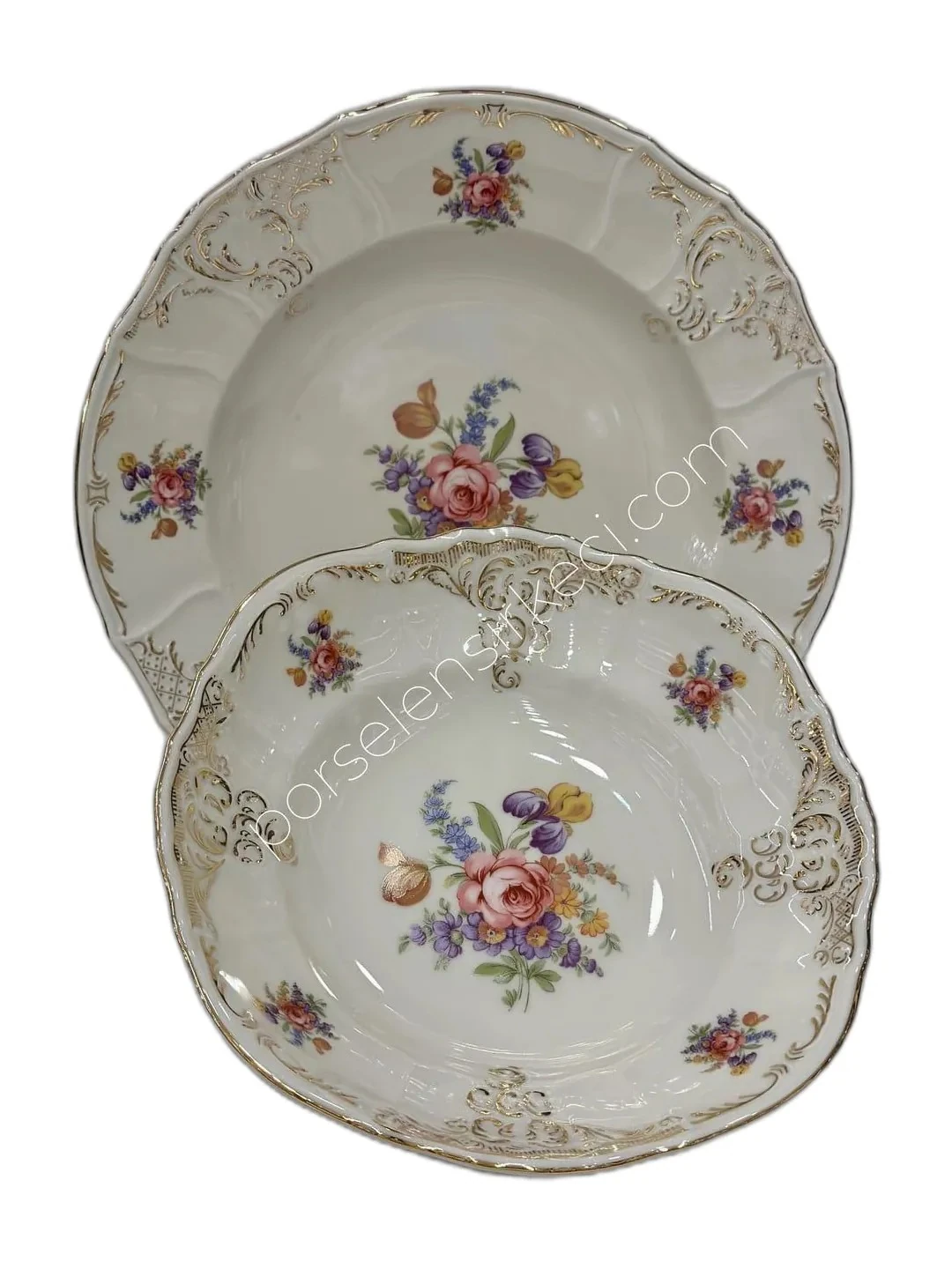 Bernadotte İngiliz Altın Pembe Çiçek 77 Parça 12 Kişilik Yemek Takımı