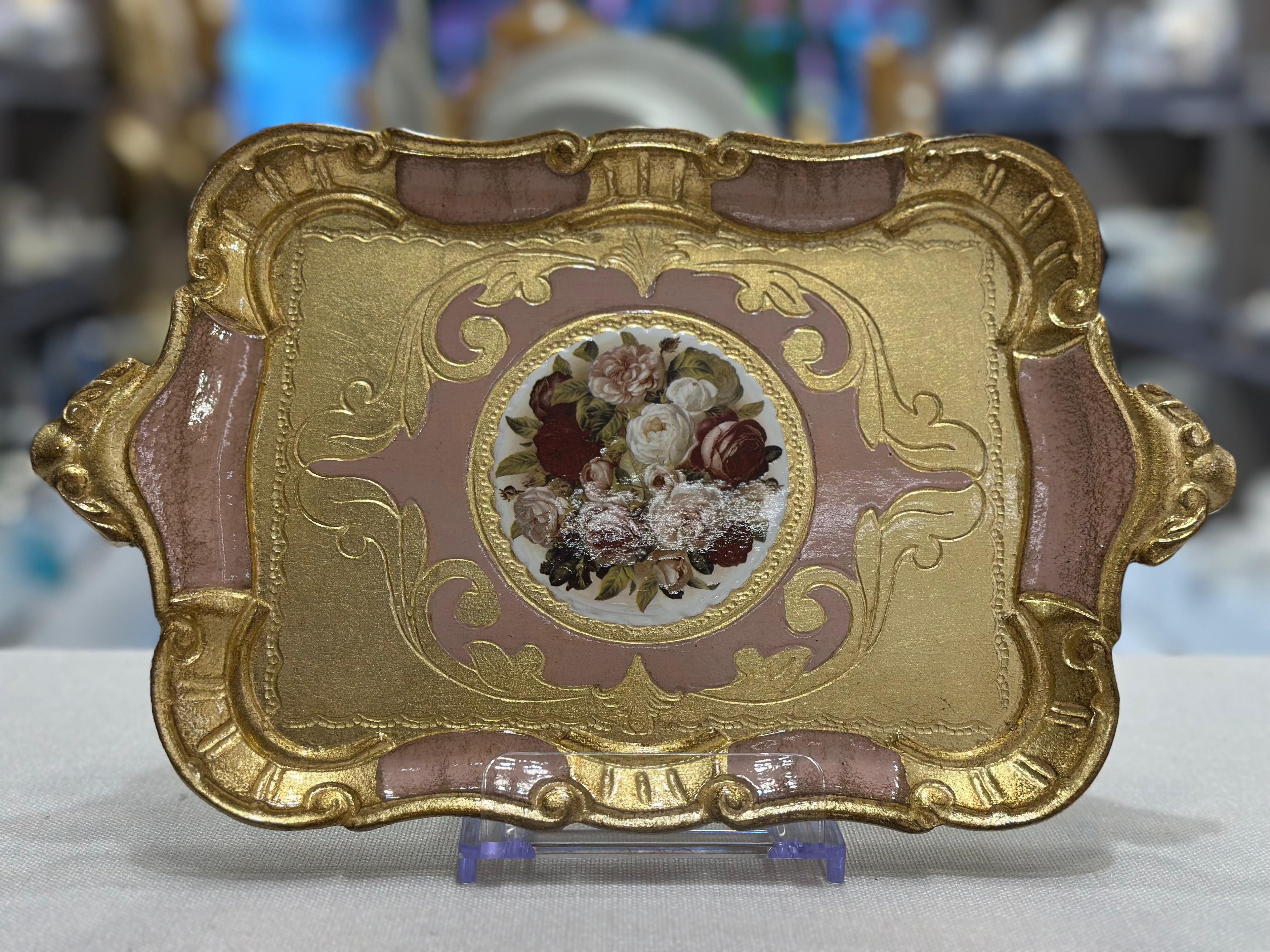 L&M Çiçekli El Yapımı Küçük Gül Ağacı Diktörtgen Tepsi (32x20 cm) - PEMBE