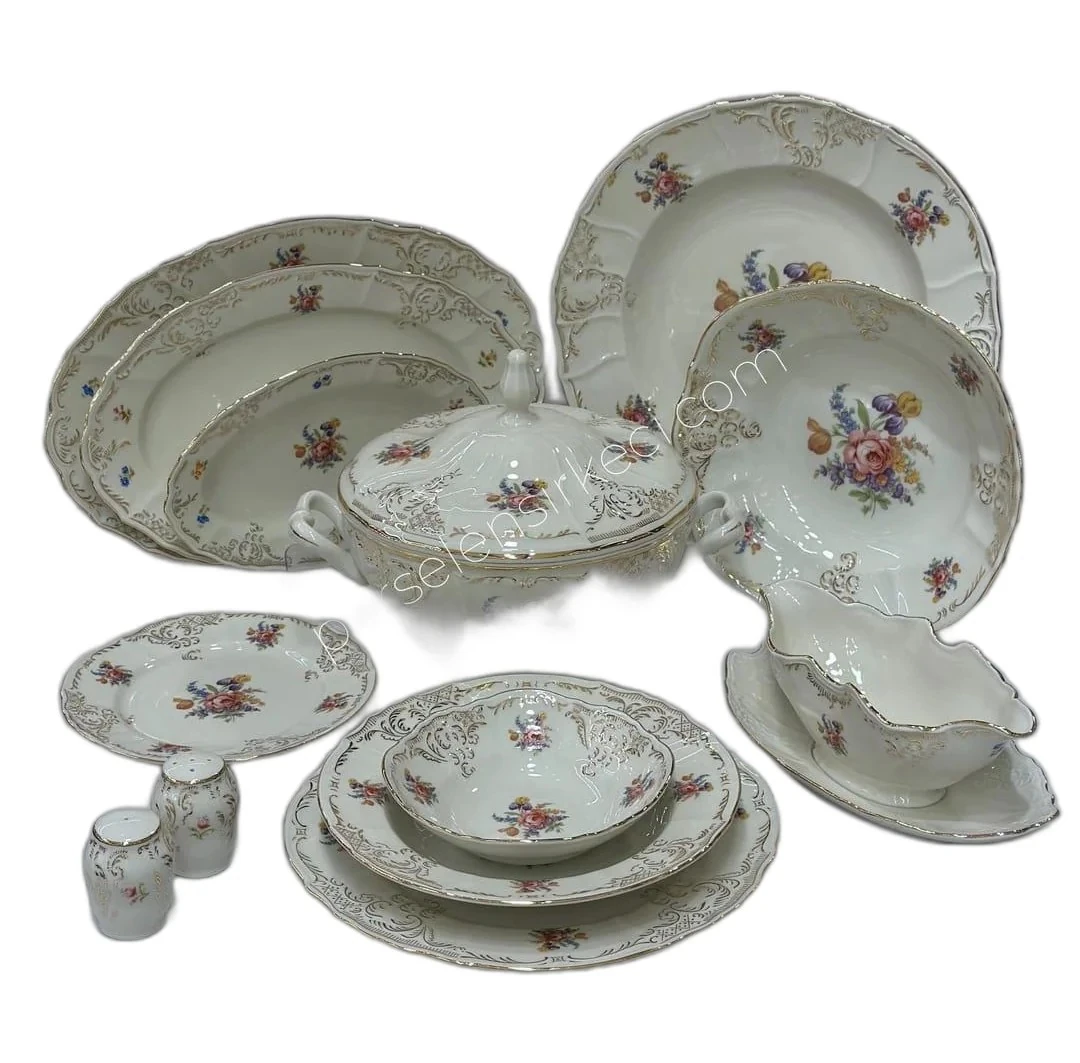 Bernadotte İngiliz Altın Pembe Çiçek 77 Parça 12 Kişilik Yemek Takımı