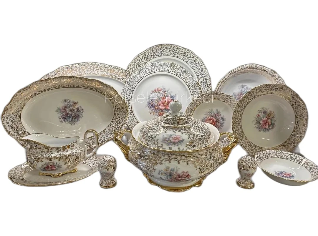 S.Clairy Golden & Flowers 62 Parça 12 Kişilik Yemek Takımı